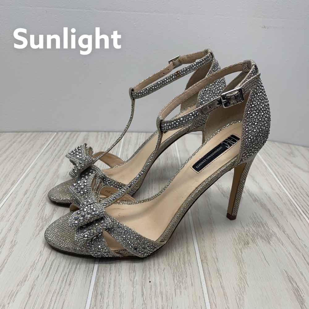 INC International Concepts  Women Bling Bow Heels Pewter Crystal Sparkle 8.5M